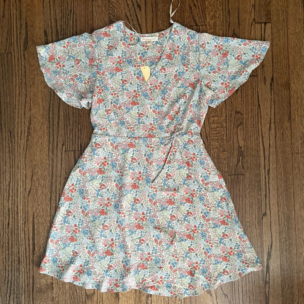 Monteau LA Floral Flutter Sleeve V-Neck Faux Wrap A-Line Spring Dress NWT Size L